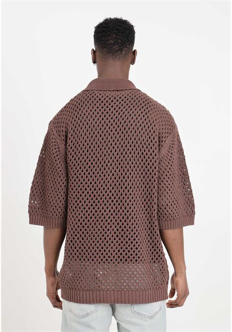 Brown men's half-sleeved cardigan with perforated weave IM BRIAN | MA2810020